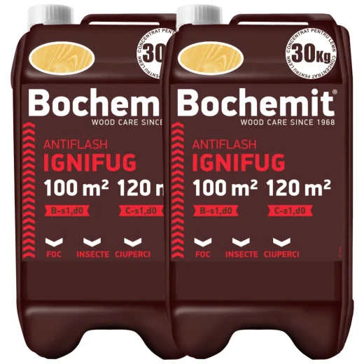 Solutie ignifugare lemn Bochemit Antiflash Transparent 2x30kg – protectie eficienta impotriva focului, insectelor si ciupercilor
