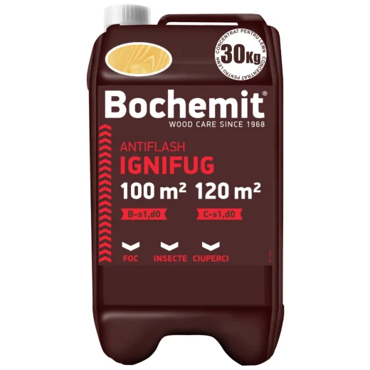 Ignifugare lemn cu Bochemit Antiflash Transparent 30kg – protectie eficienta impotriva focului