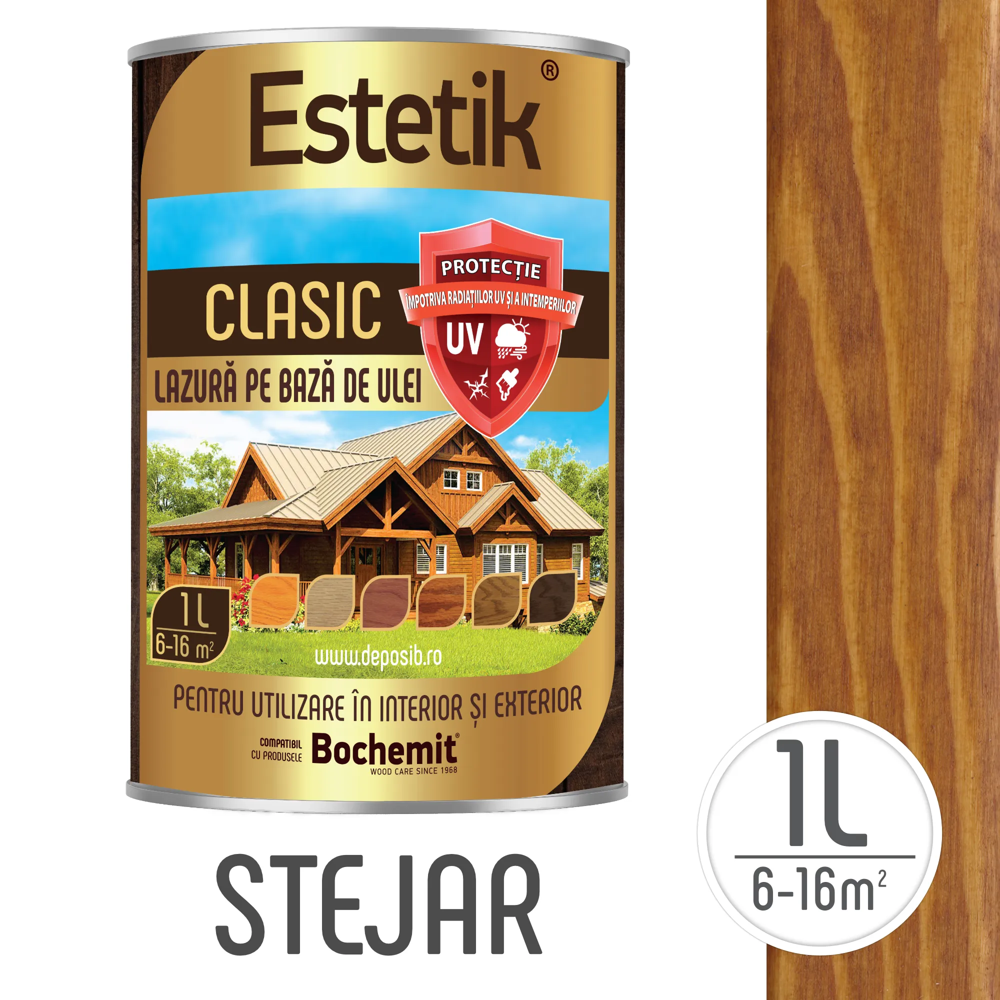 Lazura lemn Estetik Clasic Stejar 1L, protecție UV și la intemperii.