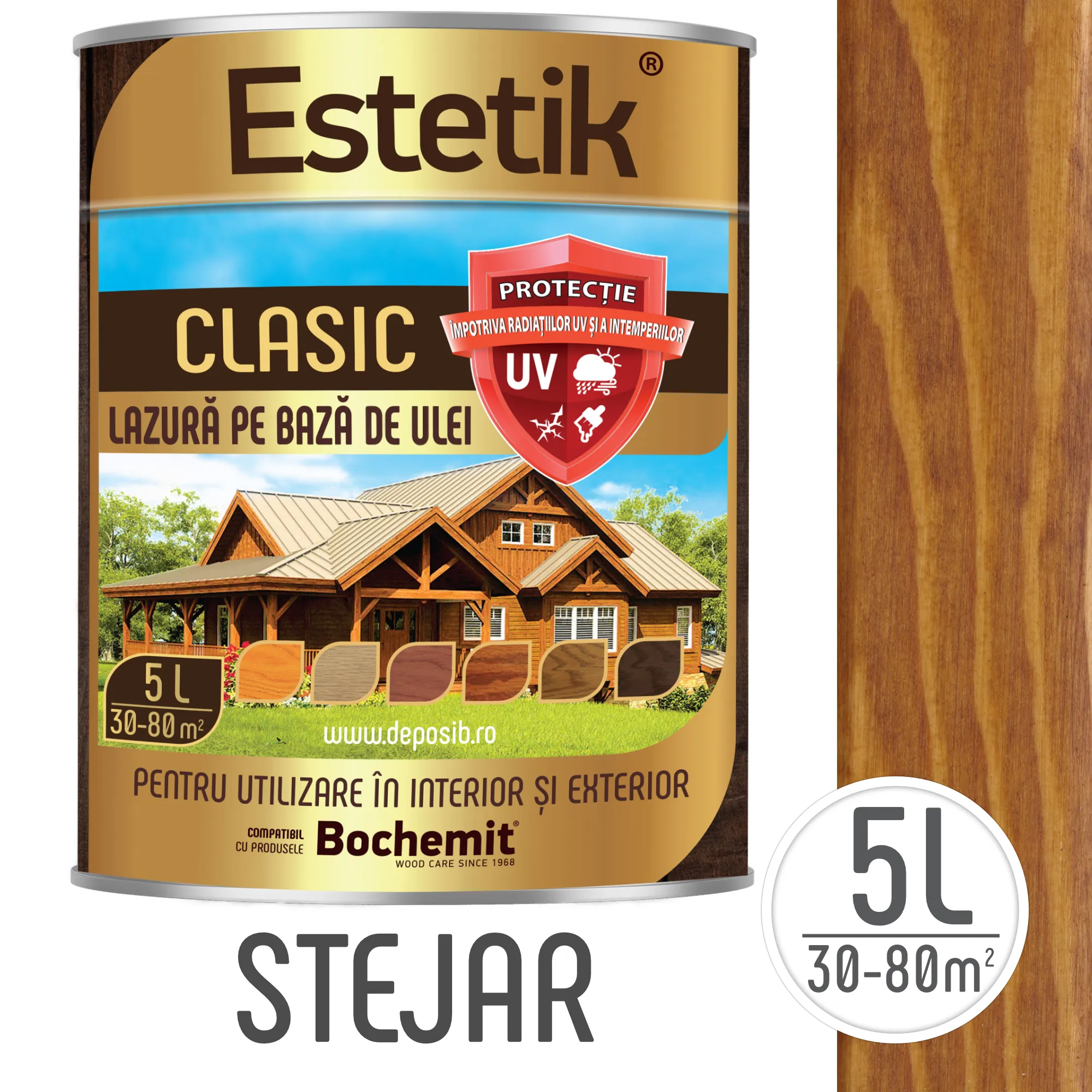 Lazura lemn Estetik Clasic Stejar 5L, protecție UV și la intemperii.