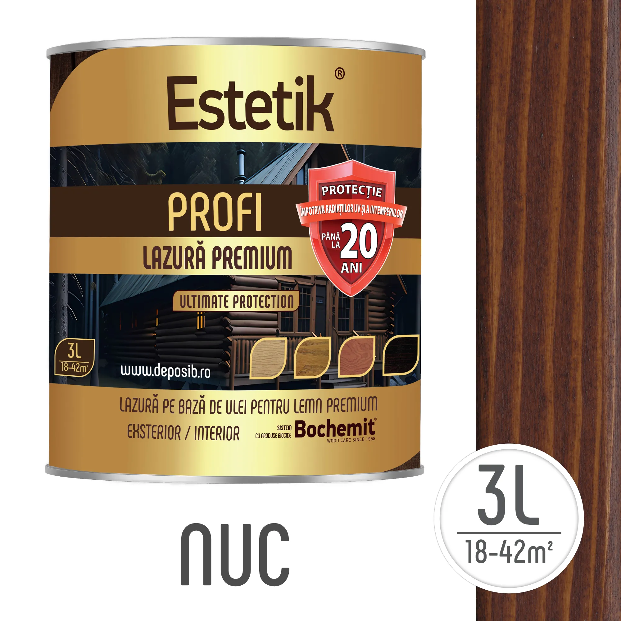 Lazura Estetik Profi, protecție lemn pana la 20 ani, aspect semi-mat.