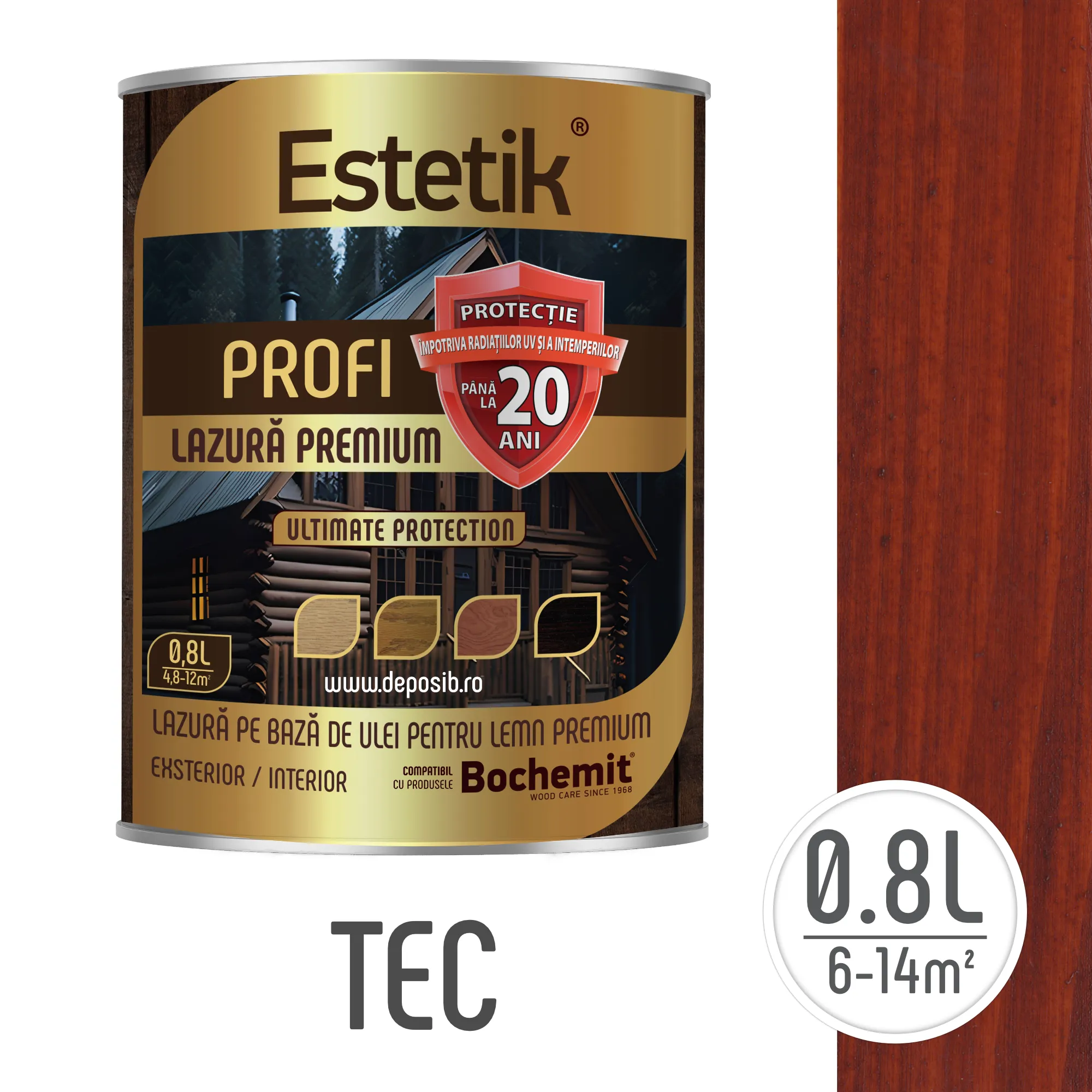 Lazura Estetik Profi, protecție lemn pana la 20 ani, aspect semi-mat.