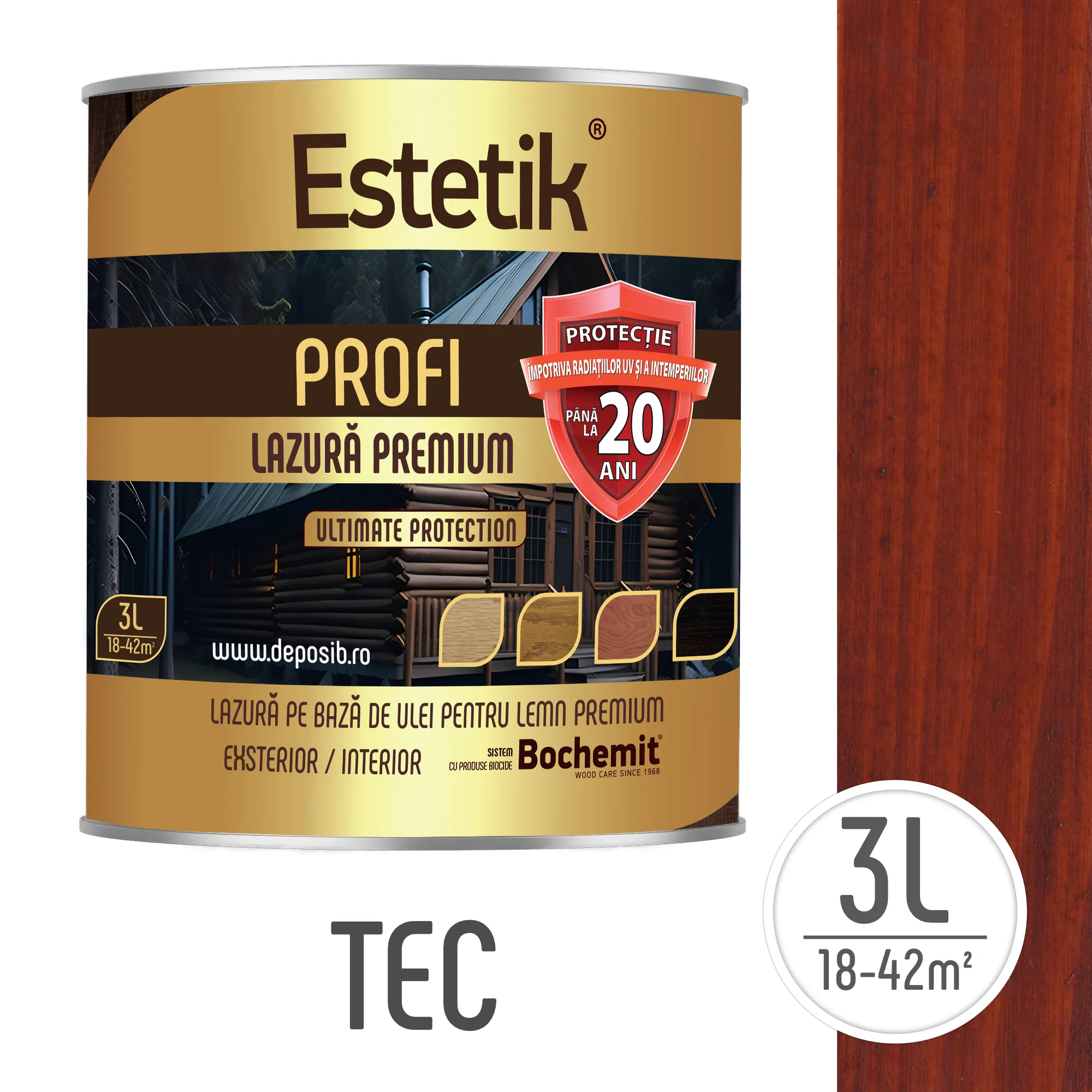Lazura Estetik Profi, protecție lemn pana la 20 ani, aspect semi-mat.